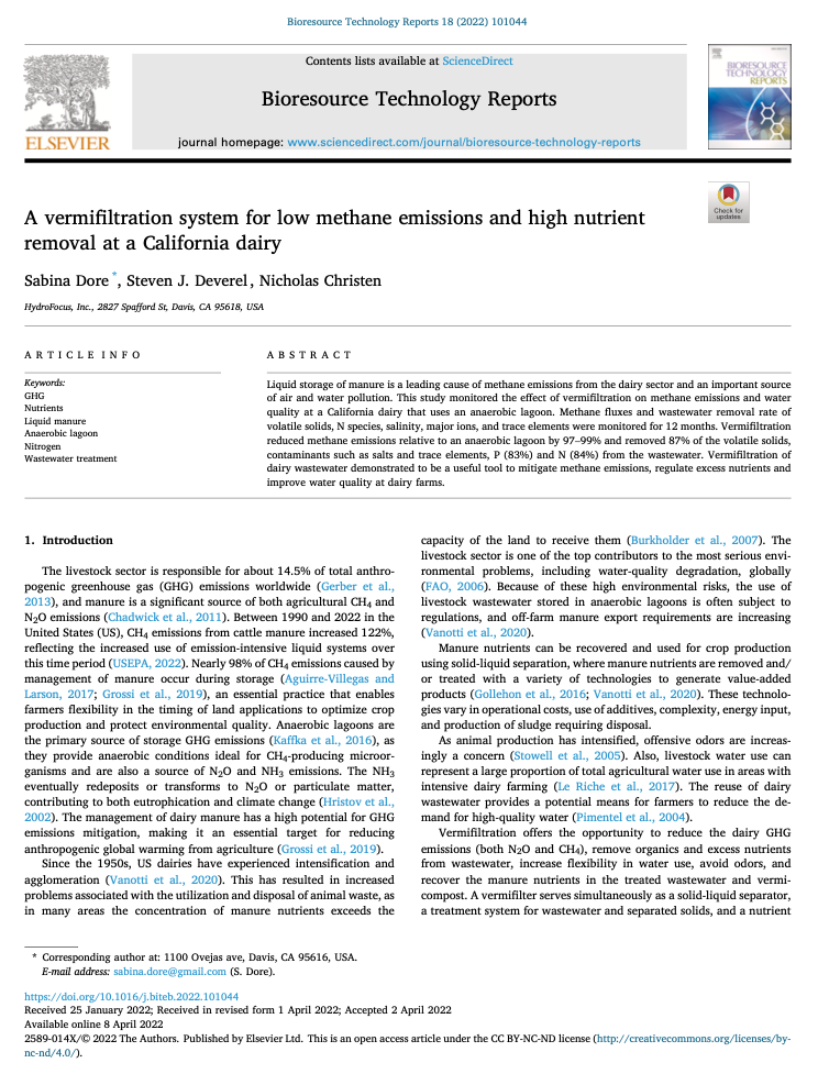 A vermifiltration system for low methane emissions and high nutrient removal at a California dairy
