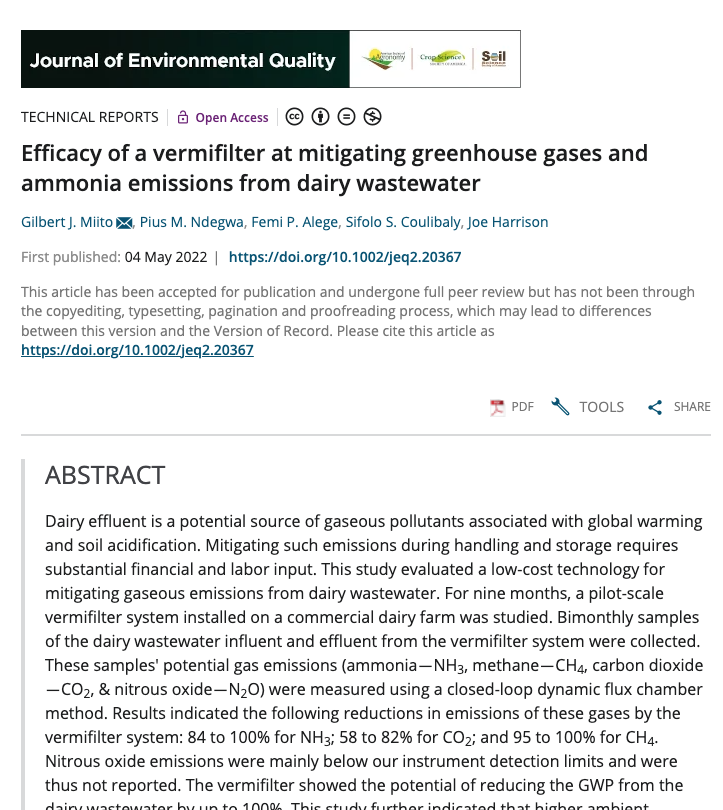 Efficacy of a vermifilter at mitigating greenhouse gases and ammonia emissions from dairy wastewater